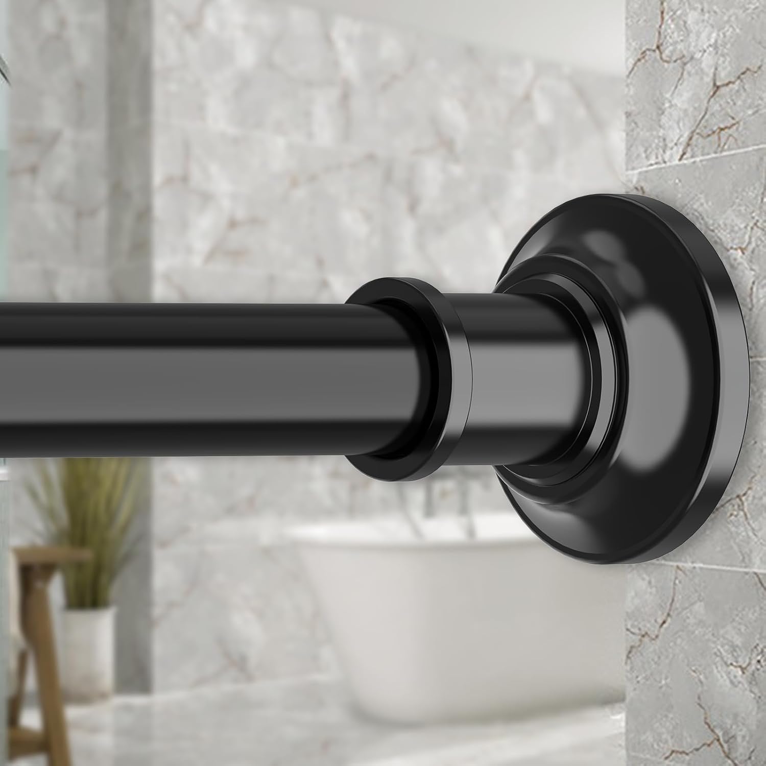 Black Tension Shower Curtain Rod 1.1 Diameter Heavy Duty Stainless Steel Adjustable Spring Tension Rods 30 to 88 inch No Drill Shower for Bathroom Windows Outdoor No Slip No Rust